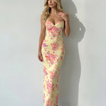Yellow Floral Print Criss Cross Backless Maxi Dress