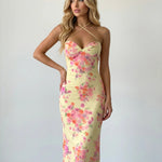 Yellow Floral Print Criss Cross Backless Maxi Dress
