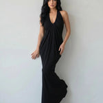 Black Halter Neck Ruched Maxi Dress