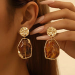 Gold Tone Hammered Disc Amber Resin Irregular Alloy Drop Earrings