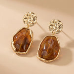 Gold Tone Hammered Disc Amber Resin Irregular Alloy Drop Earrings