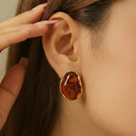 Gold Tone Irregular Amber Resin Sculpted Frame Alloy Stud Earrings