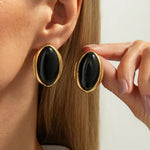 Gold Elongated Black Cabochon Stud Earrings