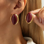 Gold Elongated Burgundy Cabochon Stud Earrings