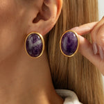 Gold Amethyst Oval Cabochon Stud Earrings