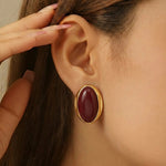 Gold Elongated Burgundy Cabochon Stud Earrings
