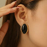 Gold Elongated Black Cabochon Stud Earrings
