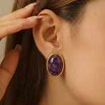 Gold Amethyst Oval Cabochon Stud Earrings