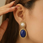 Gold Tone Faux Pearl Lapis Lazuli Two Tier Hammered Alloy Drop Earrings