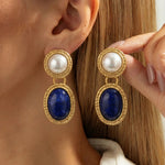 Gold Tone Faux Pearl Lapis Lazuli Two Tier Hammered Alloy Drop Earrings