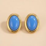 Gold Light Blue Oval Cabochon Stud Earrings