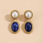 Gold Tone Faux Pearl Lapis Lazuli Two Tier Hammered Alloy Drop Earrings