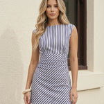 Blue Striped Ruched Waist Sleeveless Mini Dress
