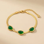 Gold Herringbone Green Cabochon Adjustable Bracelet