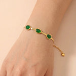 Gold Herringbone Green Cabochon Adjustable Bracelet