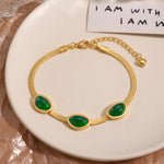 Gold Herringbone Green Cabochon Adjustable Bracelet