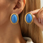 Gold Light Blue Oval Cabochon Stud Earrings