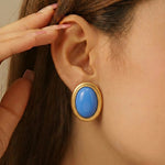 Gold Light Blue Oval Cabochon Stud Earrings
