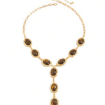 Gold Tone Tiger Eye Y Drop Textured Frame Alloy Necklace