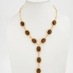 Gold Tone Tiger Eye Y Drop Textured Frame Alloy Necklace