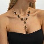 Gold Tone Tiger Eye Y Drop Textured Frame Alloy Necklace