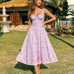 Purple Floral Print Corset Lace Trim Midi Dress