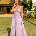 Purple Floral Print Corset Lace Trim Midi Dress