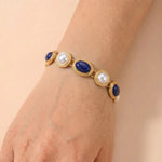 Gold Tone Lapis Lazuli Faux Pearl Alternating Alloy Bracelet