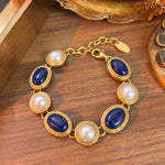Gold Tone Lapis Lazuli Faux Pearl Alternating Alloy Bracelet