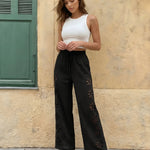 Black Floral Cutout Wide Leg Casual Pants