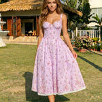 Purple Floral Print Corset Lace Trim Midi Dress