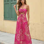 Pink Geometric Print Halter Neck Cutout Maxi Dress