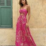 Pink Geometric Print Halter Neck Cutout Maxi Dress