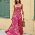 Pink Geometric Print Halter Neck Cutout Maxi Dress