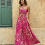 Pink Geometric Print Halter Neck Cutout Maxi Dress