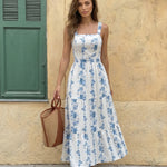 White Floral Print Square Neck Tiered Maxi Dress