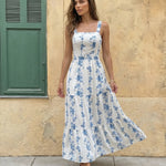 White Floral Print Square Neck Tiered Maxi Dress