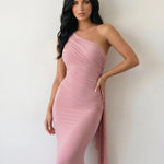 Pink One Shoulder Ruched Open Back Mermaid Maxi Dress