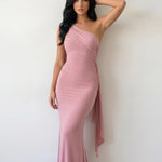 Pink One Shoulder Ruched Open Back Mermaid Maxi Dress