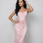 Pink Satin Spaghetti Strap Ruffle Mermaid Maxi Dress
