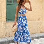 Blue Tropical Print Cami Crop Top Tiered Maxi Skirt Set
