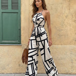 White Geometric Print Halter Neck Wide Leg Jumpsuit