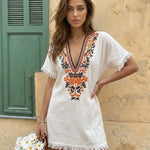 White Embroidered V Neck Fringe Hem Mini Dress