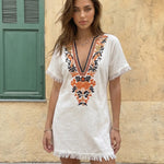 White Embroidered V Neck Fringe Hem Mini Dress
