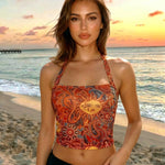 Orange Sun Print Halter Neck Crop Top