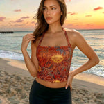 Orange Sun Print Halter Neck Crop Top