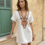 White Embroidered V Neck Fringe Hem Mini Dress