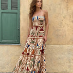 Apricot Print Smocked Waist Strapless Tiered Maxi Dress