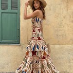 Apricot Print Smocked Waist Strapless Tiered Maxi Dress