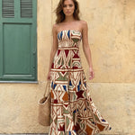 Apricot Print Smocked Waist Strapless Tiered Maxi Dress